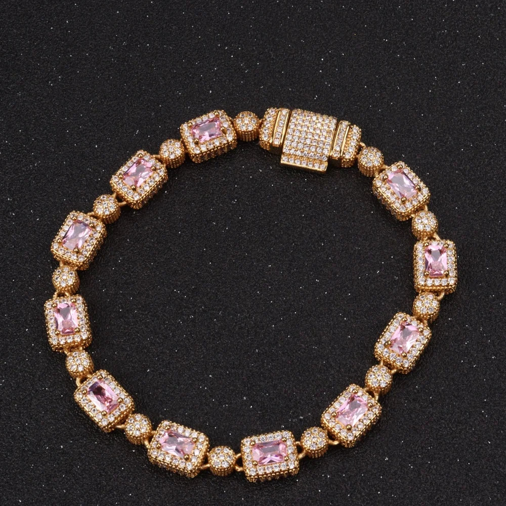 Luxury Pink Cubic Zircon Link Chain Bracelet Iced Out Charm Hip Hop Jewelry For Women Men Christmas Valentine's Day Gifts