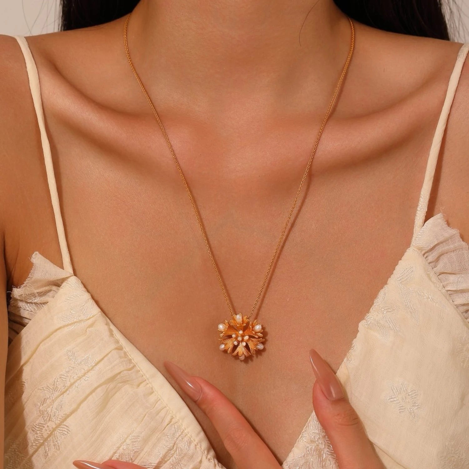 YAJUNIEL 24K Gold Plated Floral Pendant Necklace with Natural Pearls Hypoallergenic Brand Jewelry Gift for Women
