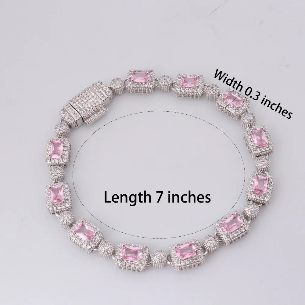 Luxury Pink Cubic Zircon Link Chain Bracelet Iced Out Charm Hip Hop Jewelry For Women Men Christmas Valentine's Day Gifts