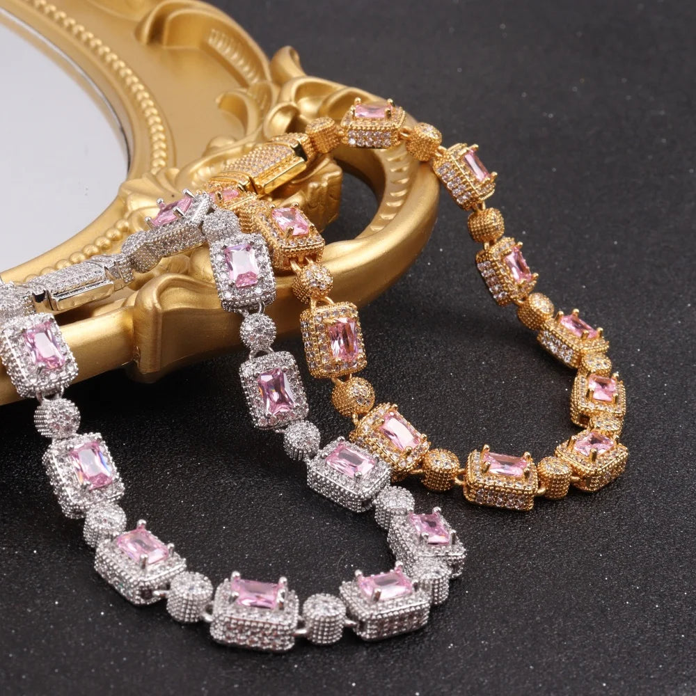 Luxury Pink Cubic Zircon Link Chain Bracelet Iced Out Charm Hip Hop Jewelry For Women Men Christmas Valentine's Day Gifts