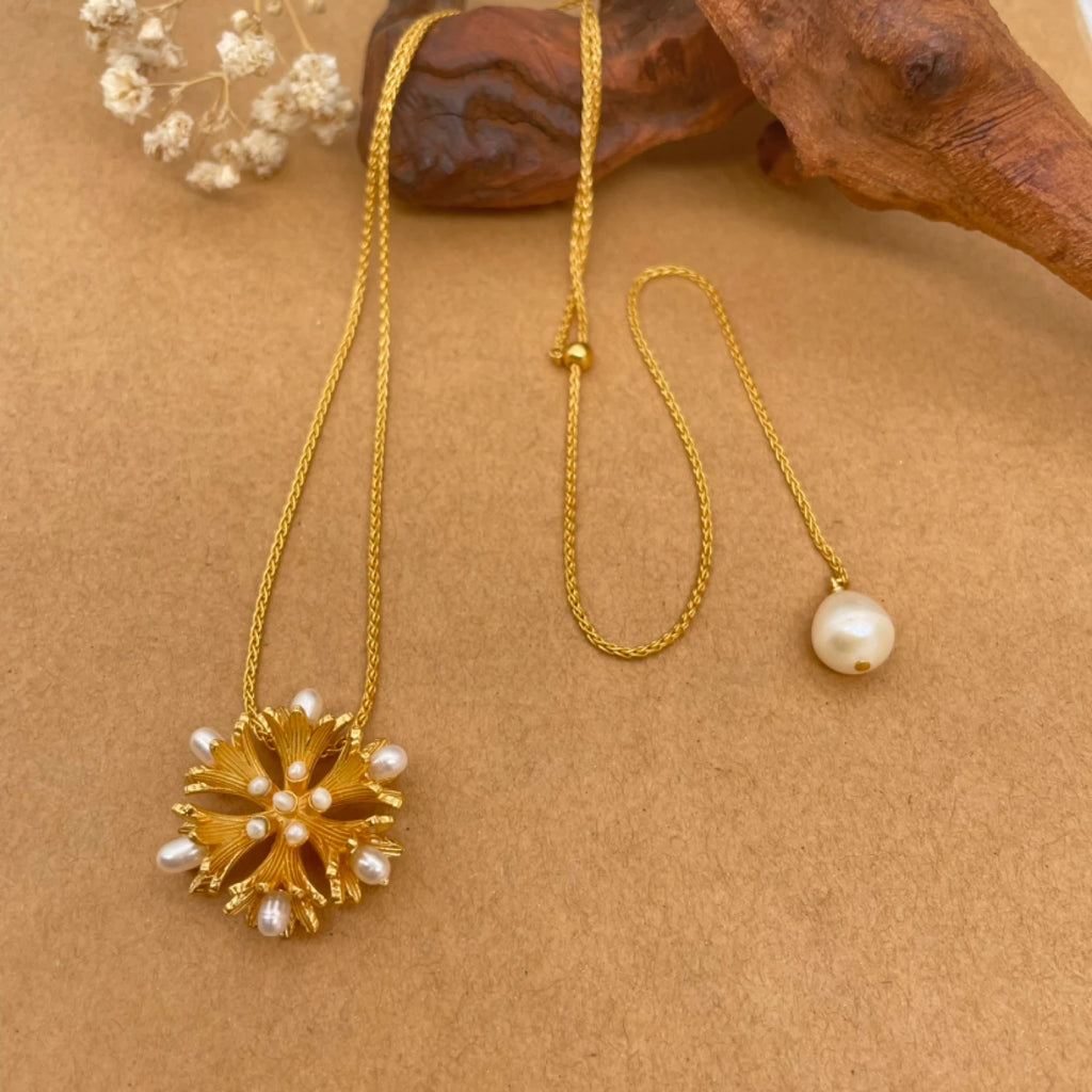 YAJUNIEL 24K Gold Plated Floral Pendant Necklace with Natural Pearls Hypoallergenic Brand Jewelry Gift for Women