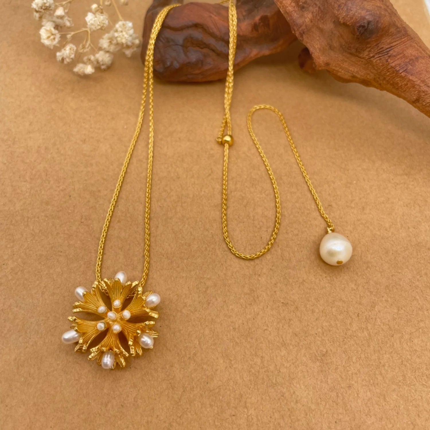 YAJUNIEL 24K Gold Plated Floral Pendant Necklace with Natural Pearls Hypoallergenic Brand Jewelry Gift for Women