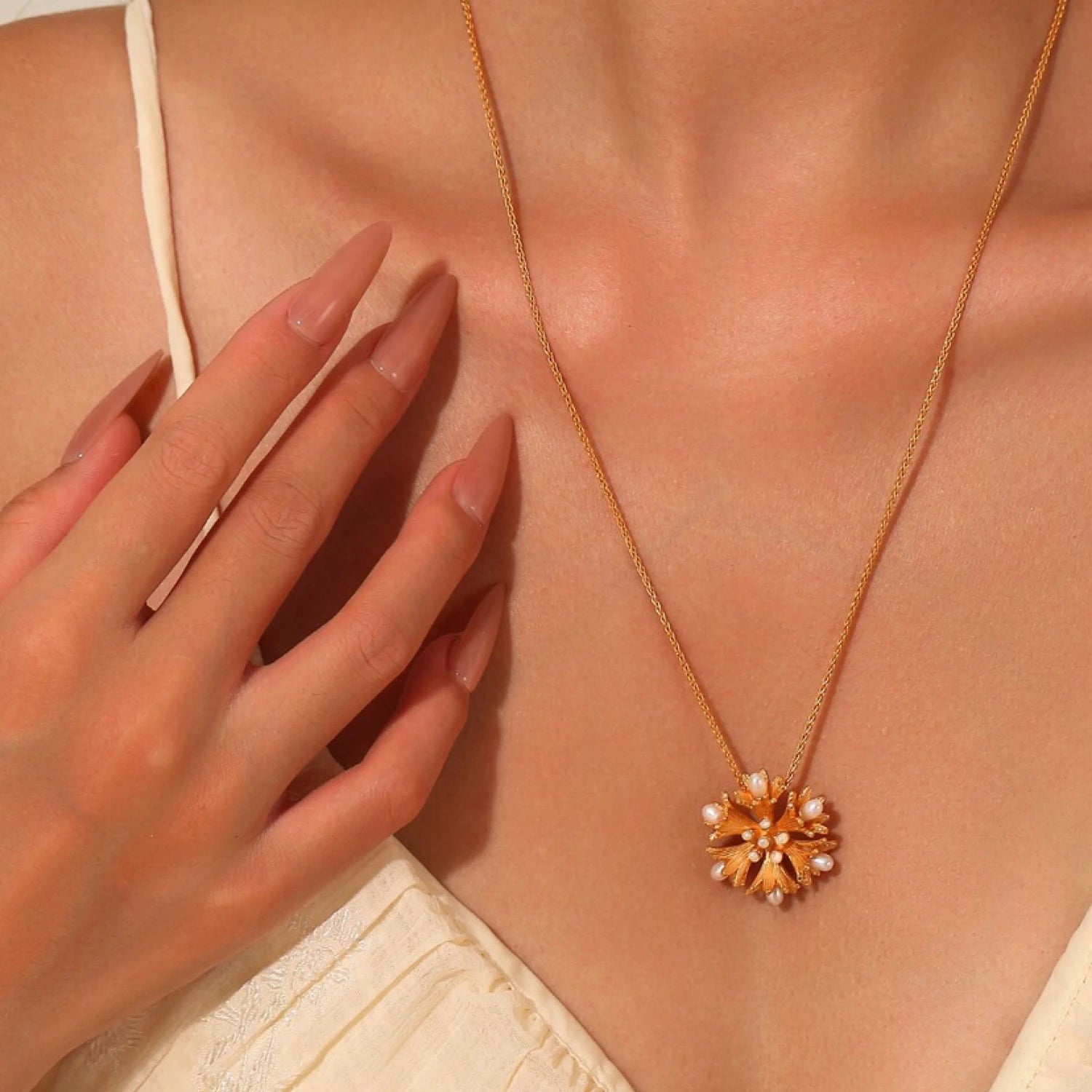 YAJUNIEL 24K Gold Plated Floral Pendant Necklace with Natural Pearls Hypoallergenic Brand Jewelry Gift for Women