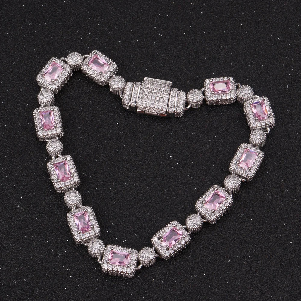 Luxury Pink Cubic Zircon Link Chain Bracelet Iced Out Charm Hip Hop Jewelry For Women Men Christmas Valentine's Day Gifts
