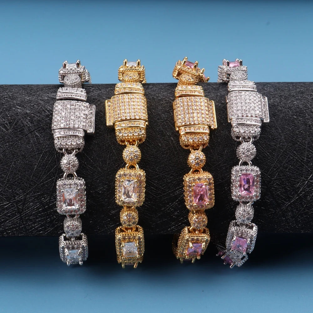 Luxury Pink Cubic Zircon Link Chain Bracelet Iced Out Charm Hip Hop Jewelry For Women Men Christmas Valentine's Day Gifts
