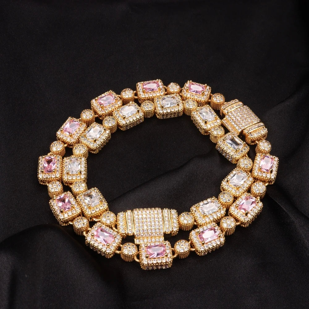 Luxury Pink Cubic Zircon Link Chain Bracelet Iced Out Charm Hip Hop Jewelry For Women Men Christmas Valentine's Day Gifts