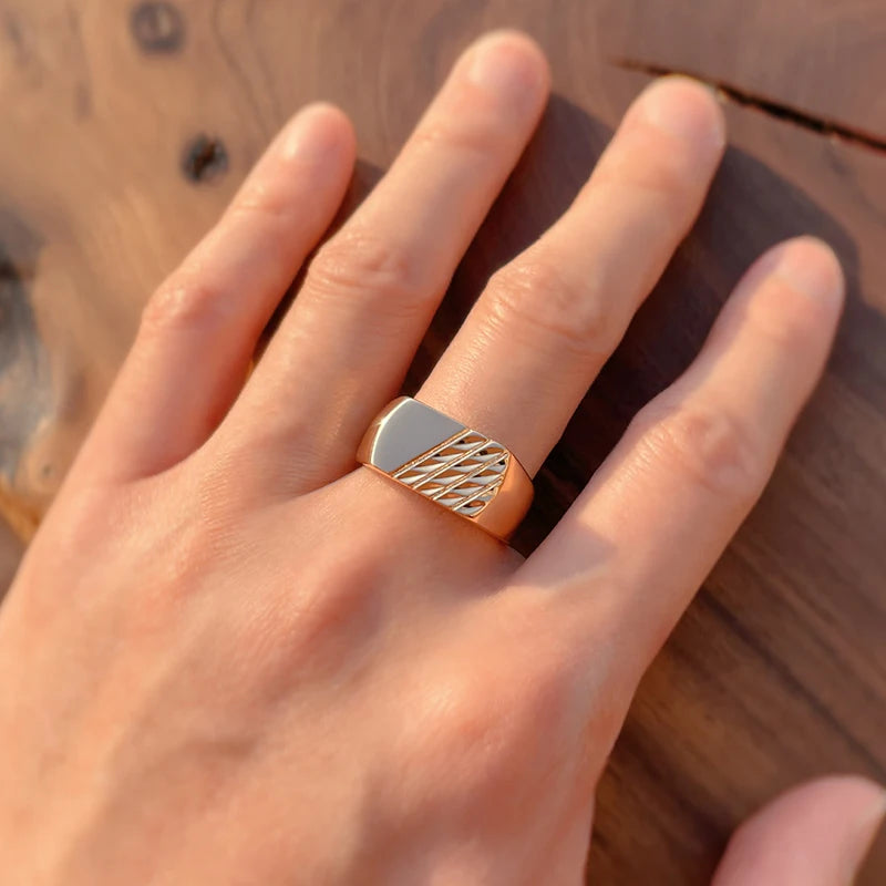 SYOUJYO Modern Fashion 585 Rose Gold Color Glossy Men's Ring Simple Square Cutting Easy Matching Ring Trendy Daily Fine Jewelry