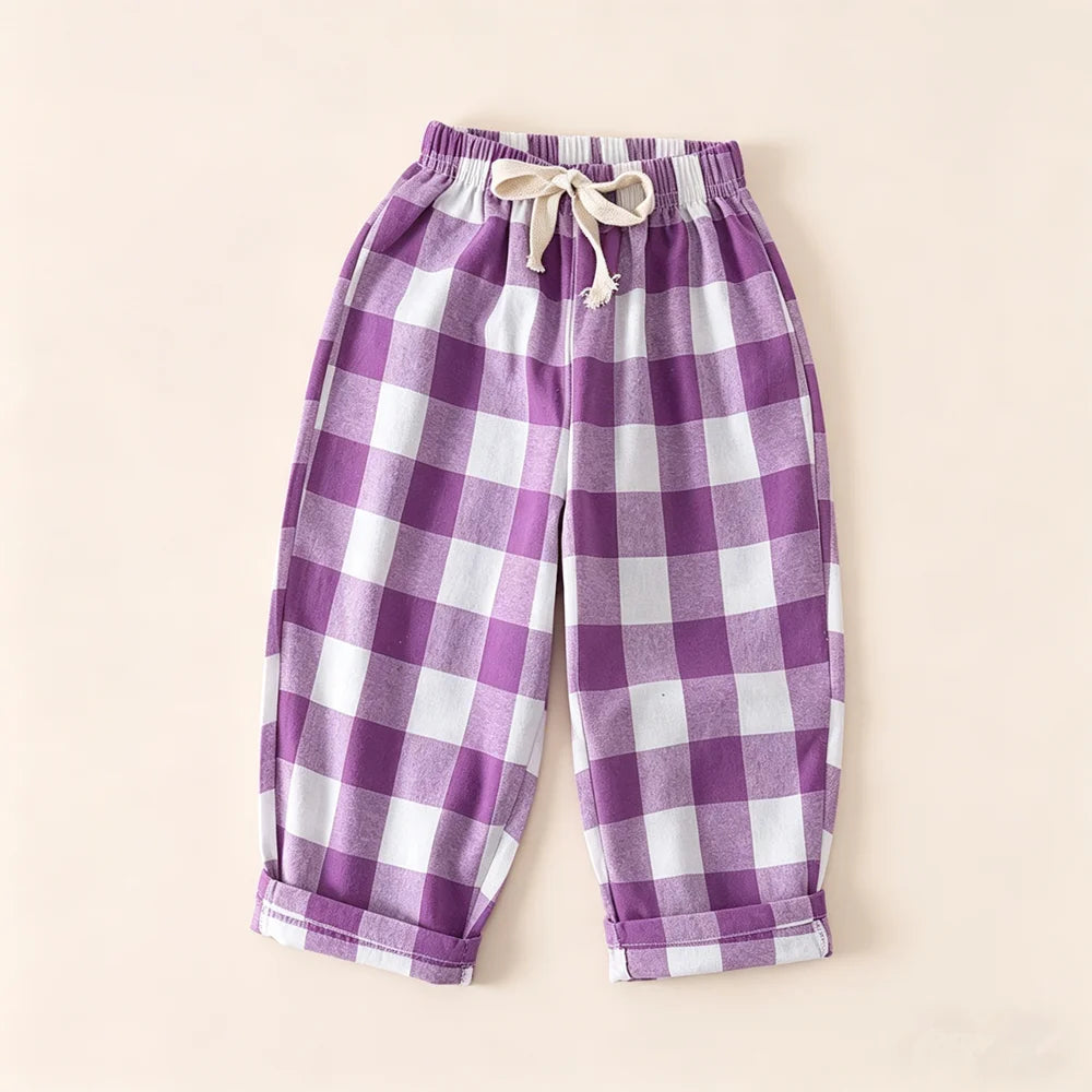 Spring Summer Kids Vintage Cotton Plaid Pant Boys Girls Loose Casual Pants Comfort Trousers For Girl Children's Clothing