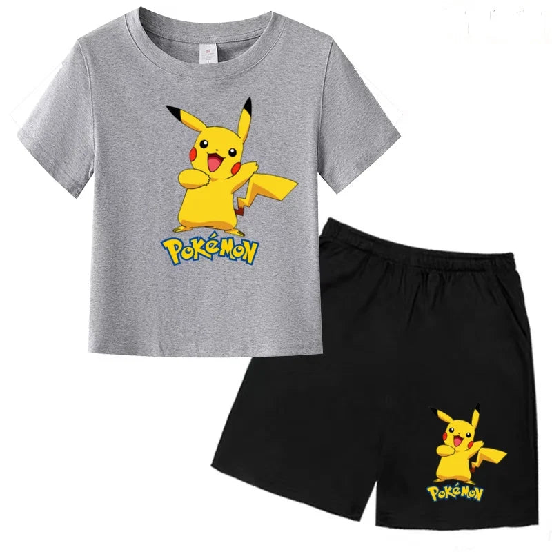 Children's T-shirt Cool Summer Anime Pikachu Print Boys Girls 3-12Years Pokemon Clothing Cartoon Short-sleeved+Shorts Casual Set