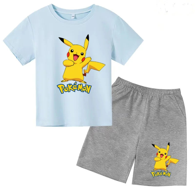 Children's T-shirt Cool Summer Anime Pikachu Print Boys Girls 3-12Years Pokemon Clothing Cartoon Short-sleeved+Shorts Casual Set