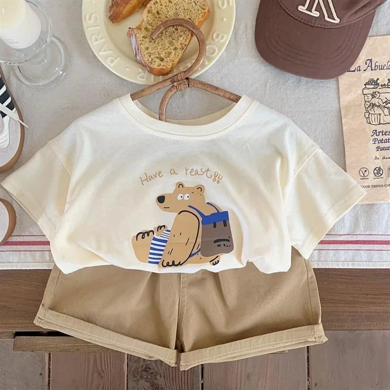 Fashion Casual Kids Short Sleeved Tops Boys T-shirts 2025 New Summer Clothing Loose O-neck Children's T Shirt Printed Bear