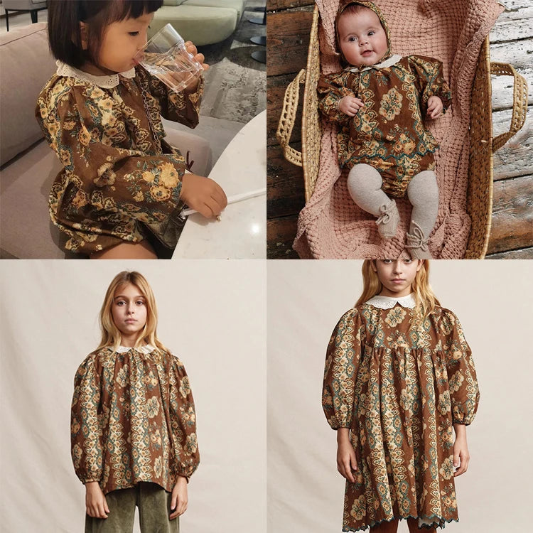BebeO Baby Girls Long Sleeve Tops Suits Dress Rompers Hats Autumn Summer Retro Pattern Party Dress Kids Clothing Spring Dress