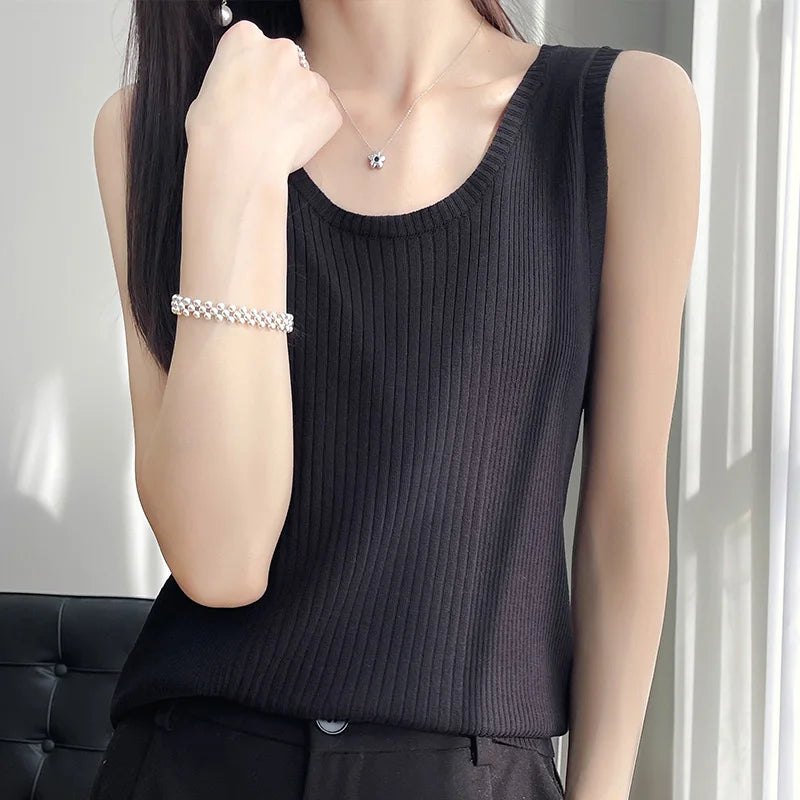 100% pure wool ice silk black-and-white striped knit sling women's round neck sleeveless top slim joker vest in summer