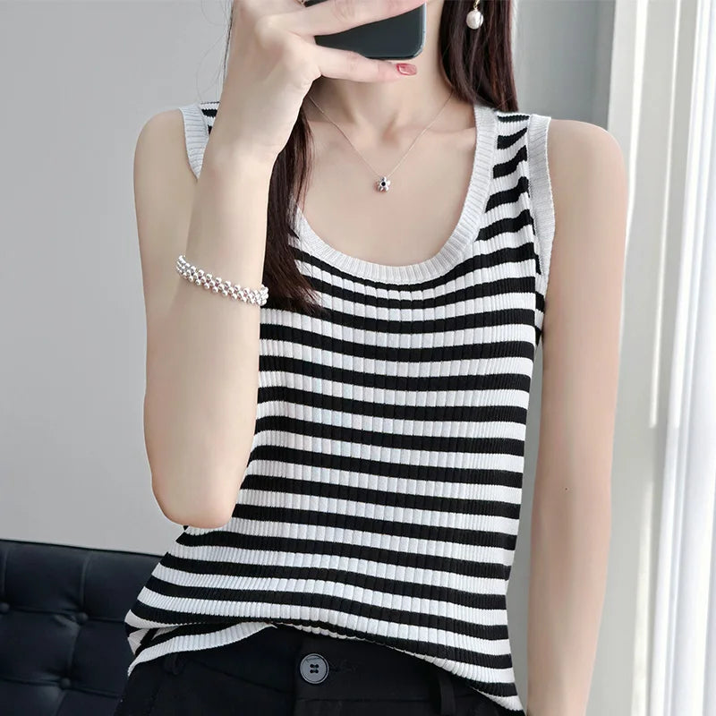 100% pure wool ice silk black-and-white striped knit sling women's round neck sleeveless top slim joker vest in summer