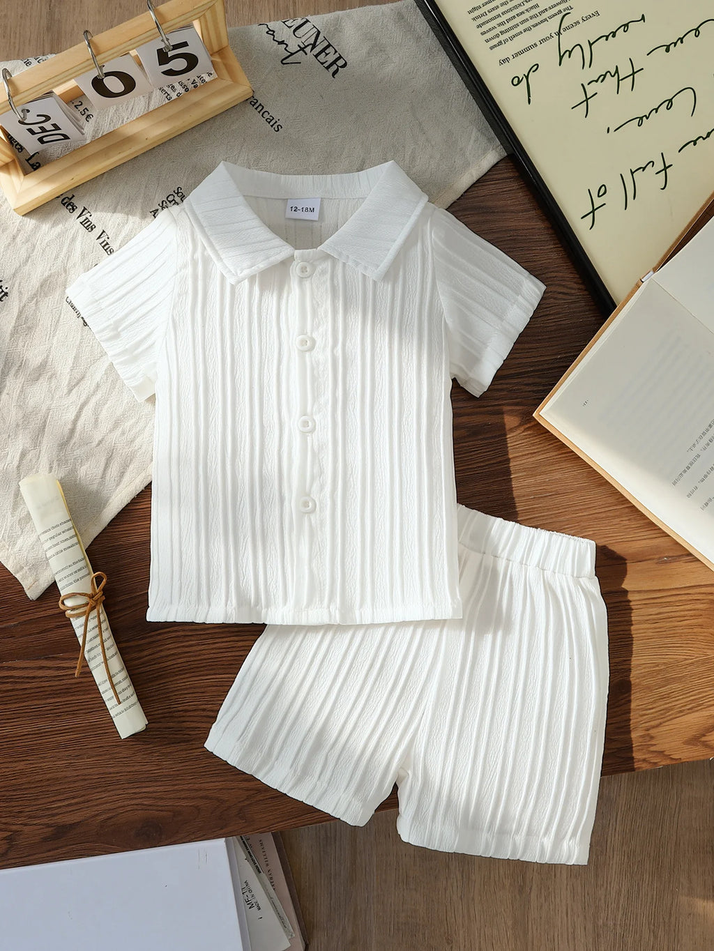 2026 Spring Summer Baby Boy Textured&Ribbed Short Sleeve Shirt & Shorts2-Piece Sets2-6Years: Soft Fabric Easy Wear Home Outdoor