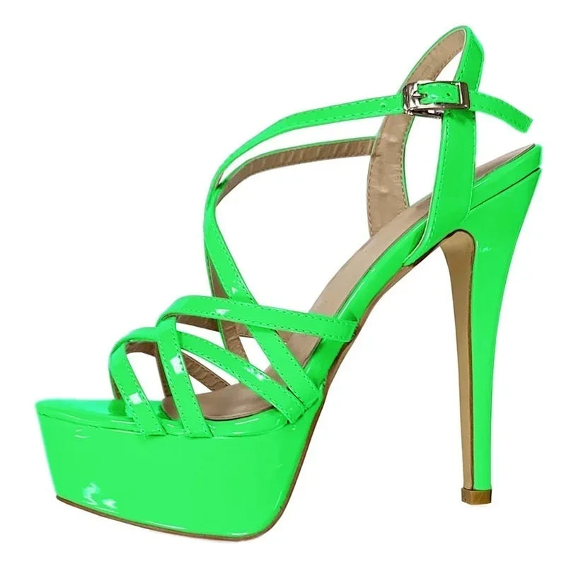 LOSLANDIFEN Women Sandals Sexy 14CM Platform High Heels Ankle Strap Sandal Open Toe Sanke Gladiator Party Dress Woman Shoes