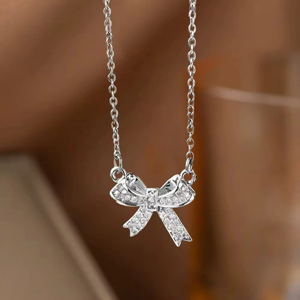 FTCY Exquisite Copper Inlaid Zirconia Bow Pendant Necklace For Women Fashion Simple  Stainless Steel Clavicle Chain Jewelry Gift