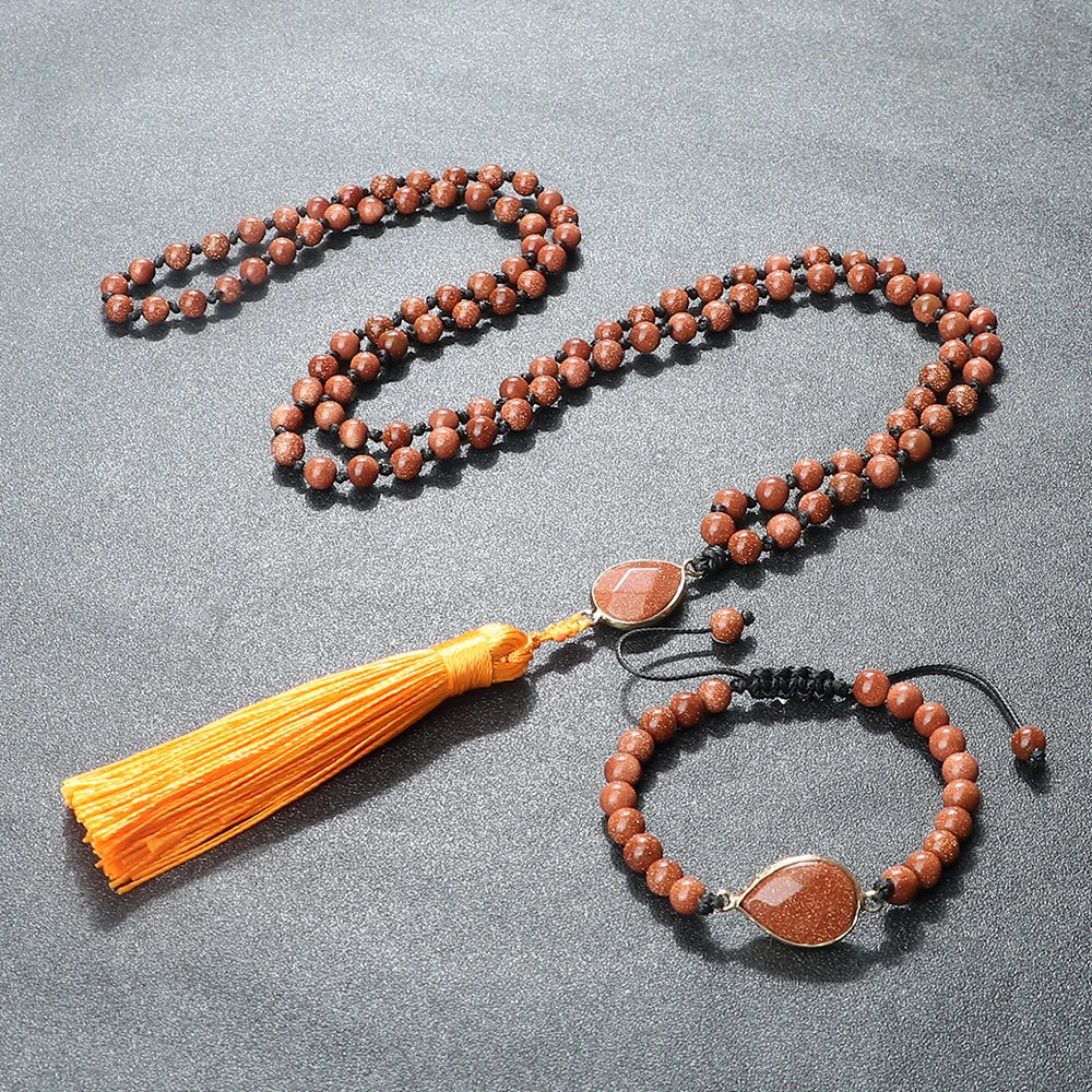 Fashion Natural Stone Beads Necklace & Bracelet Set Women Men Classic Long Tassel Pendant Necklace Yoga Healing Bohemian Jewelry