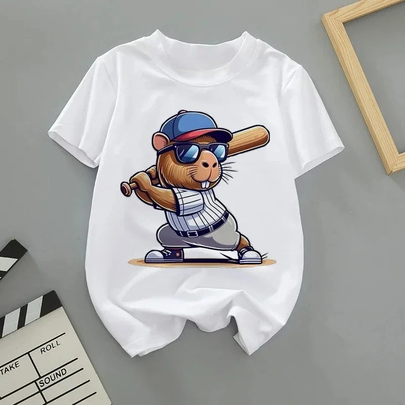Summer Cartoon Cute Capybara Print Children T-shirt Short-sleeved Fashion Boys and Girls Round-neck Baby Kid Tshirt Trend