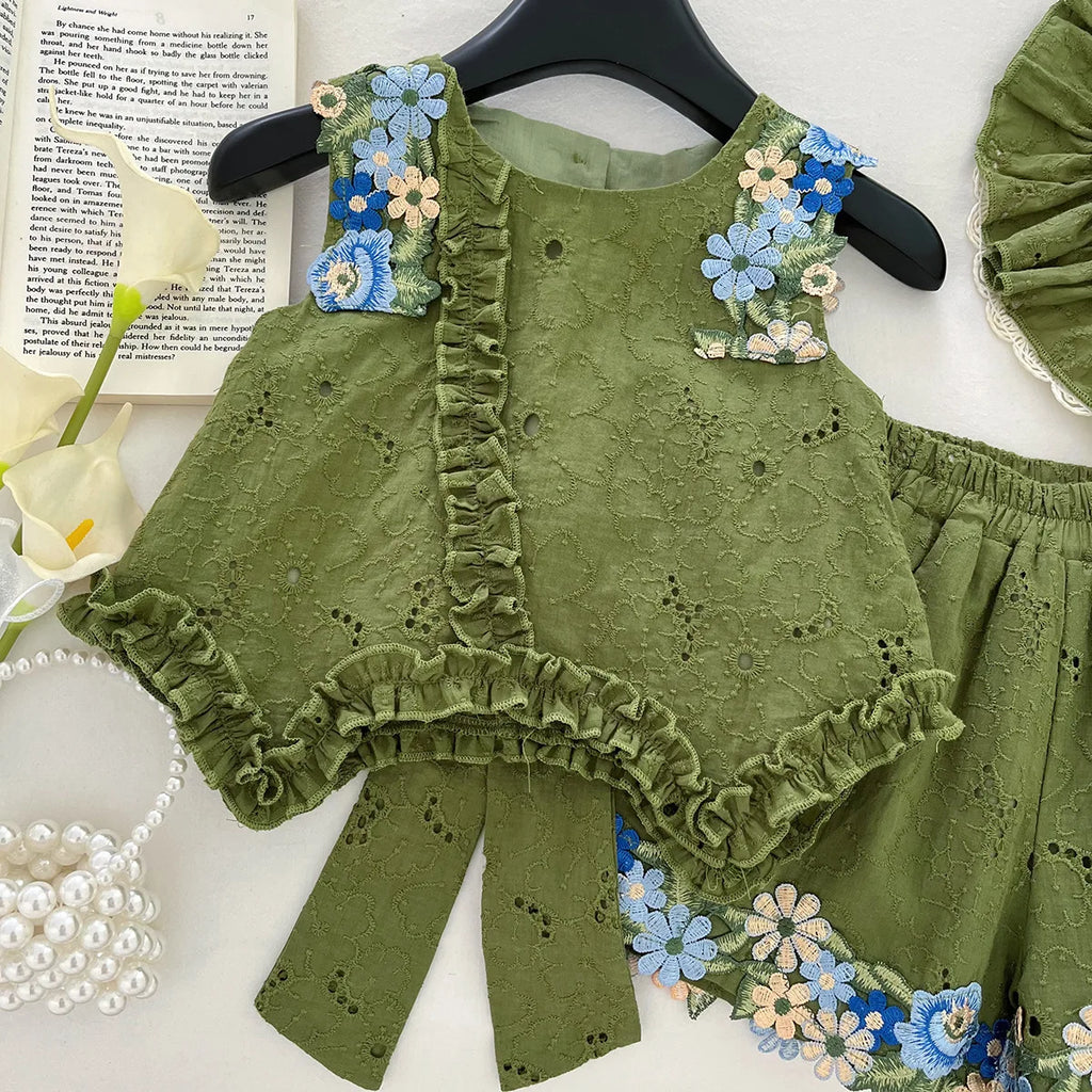 Summer Girl Dress 3psc Set Hat+Top+Short Pants Green Clothing Kids Dresses and Suit Big Bow Fashion Top and Bottom Short Set