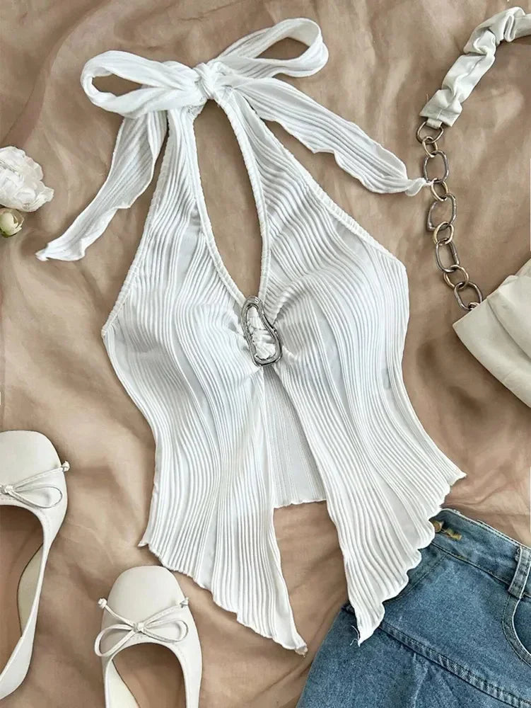 Sexy V-neck Halter Neck Crop Top for Women Summer Sleeveless Solid Split Backless Top Y2K Clothes