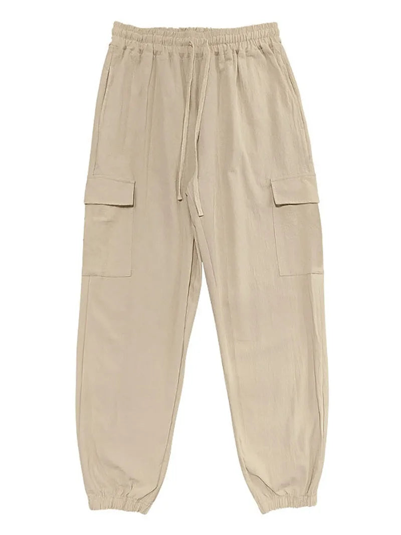 Men's Cotton Linen Cargo Jogger Pants Elastic Waist Drawstring Multi Pockets Casual Breathable Streetwear Trousers for Men