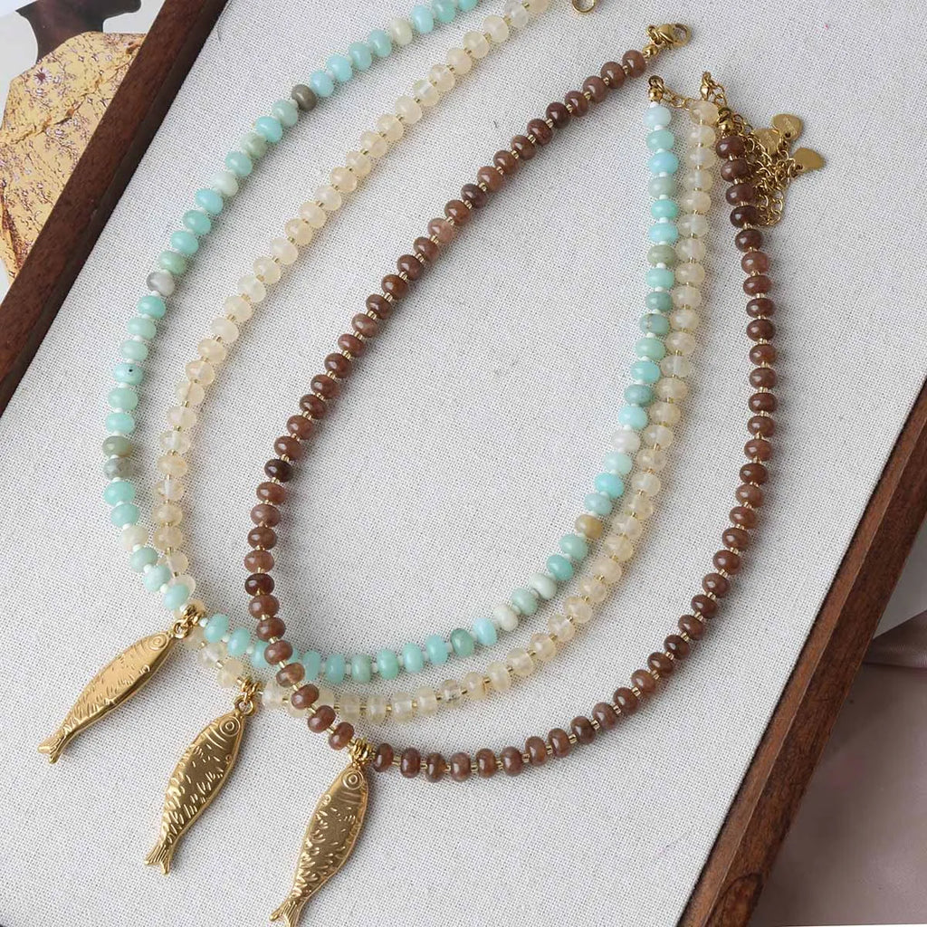 Trendy 4 Designs Stainless Steel Gold Plated Fish Turtle Pendant Stone Necklace for Women Waterproof Beach Party Jewelry Summer