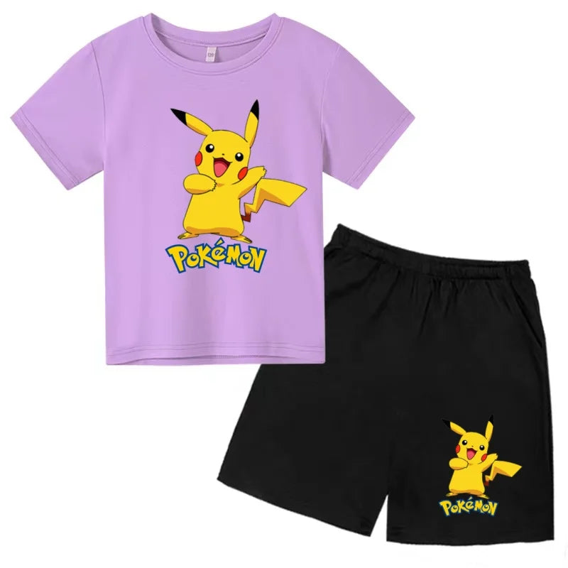 Children's T-shirt Cool Summer Anime Pikachu Print Boys Girls 3-12Years Pokemon Clothing Cartoon Short-sleeved+Shorts Casual Set