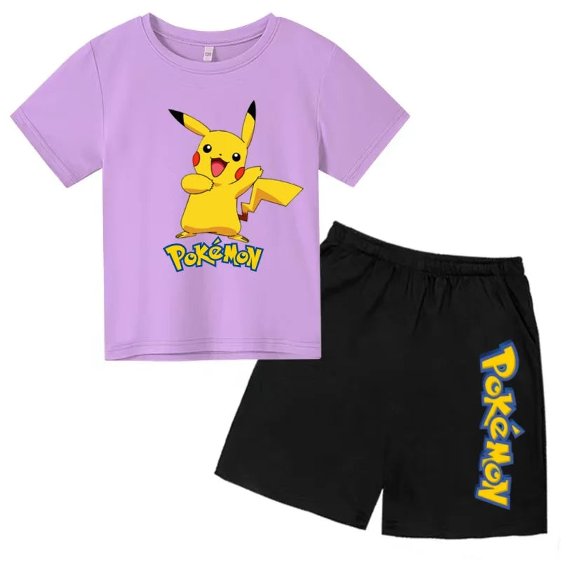 Children's T-shirt Cool Summer Anime Pikachu Print Boys Girls 3-12Years Pokemon Clothing Cartoon Short-sleeved+Shorts Casual Set