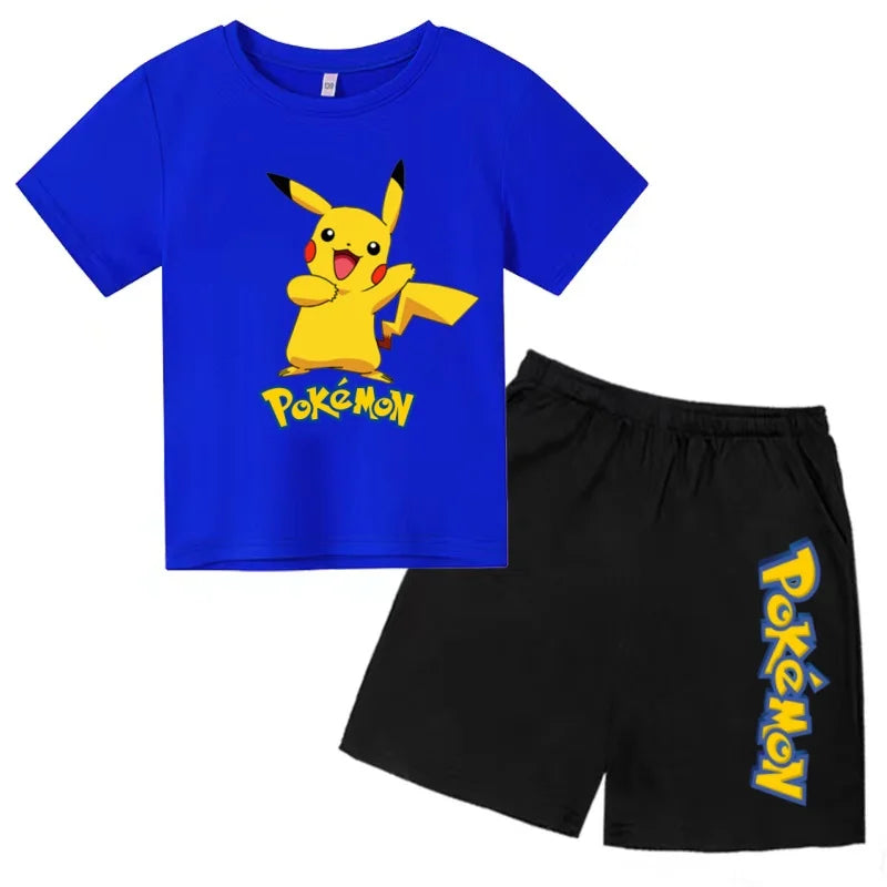 Children's T-shirt Cool Summer Anime Pikachu Print Boys Girls 3-12Years Pokemon Clothing Cartoon Short-sleeved+Shorts Casual Set