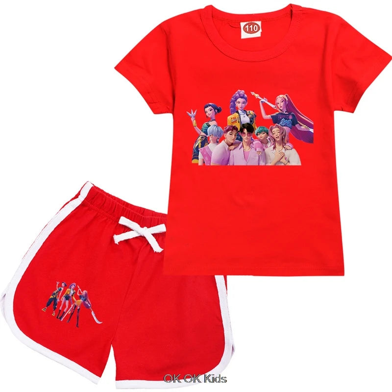2 Pcs Suit KPop Demon Hunters Rumi Kids Teens Girls T Shirt Shorts 2pcs Sets Toddler Boys Summer Sportsuits Girl's Nightwear Set