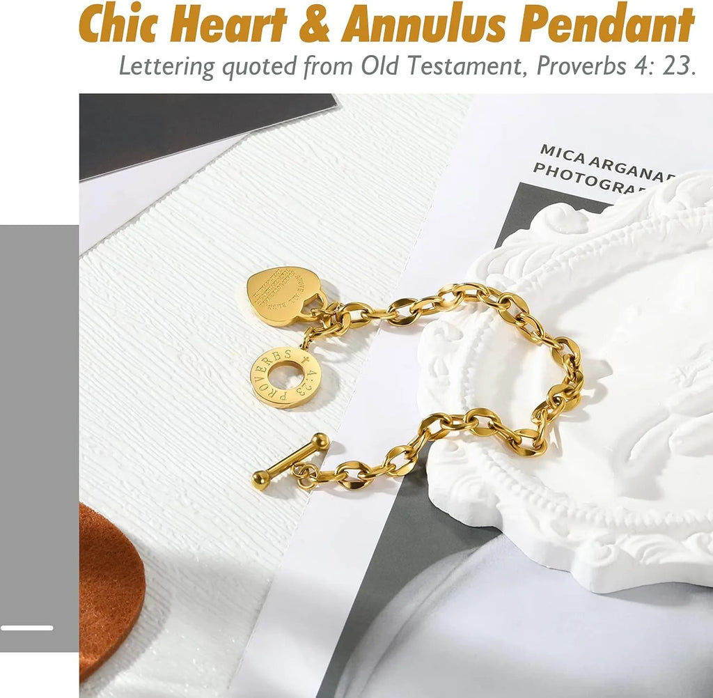 Love Pendant Link Chain OT Clasp Birthday Heart Jewelry Gift Bracelet for Women Bible Verse Bracelet Silver Gold Bracelet