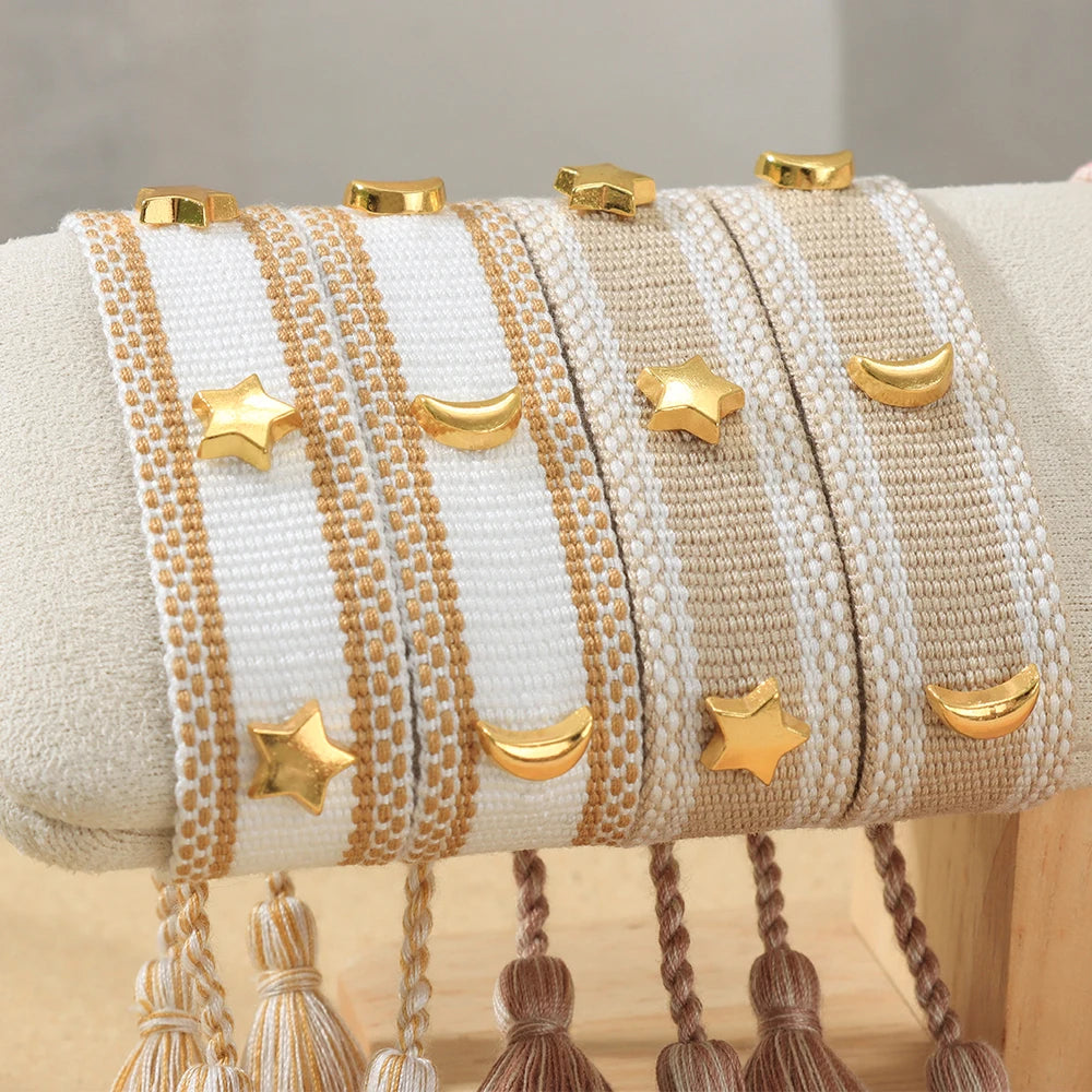 Vintage Friendship Bracelets STARS | MOON Bracelets Adjustable Woven Arm Stacked Jewelry