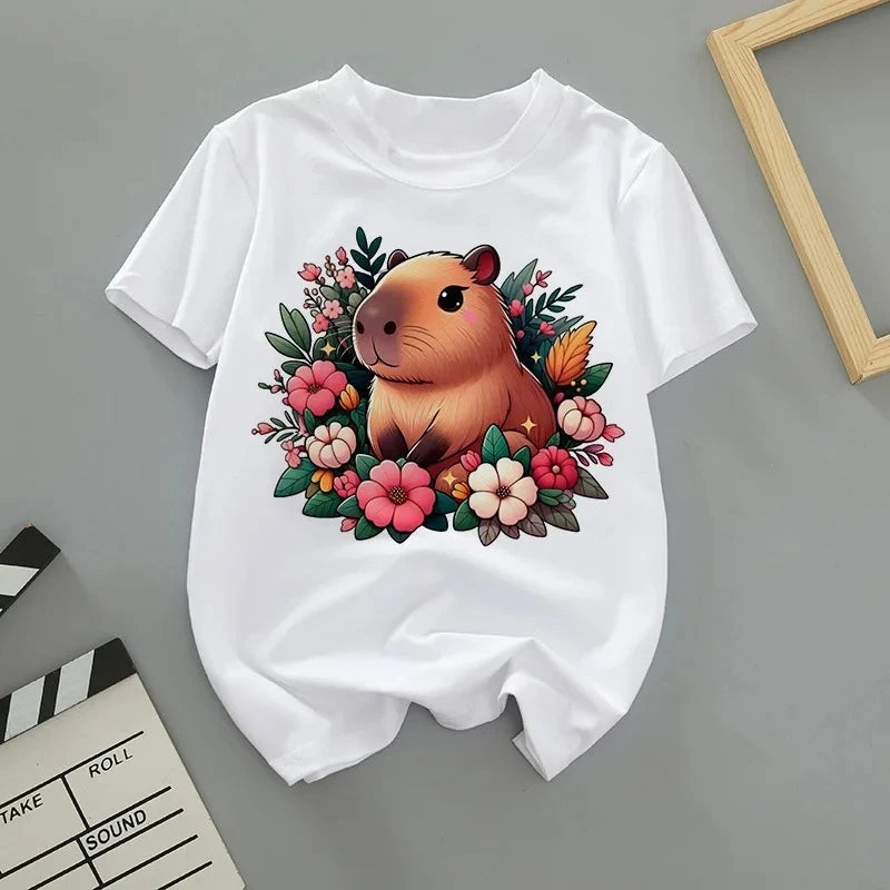 Summer Cartoon Cute Capybara Print Children T-shirt Short-sleeved Fashion Boys and Girls Round-neck Baby Kid Tshirt Trend