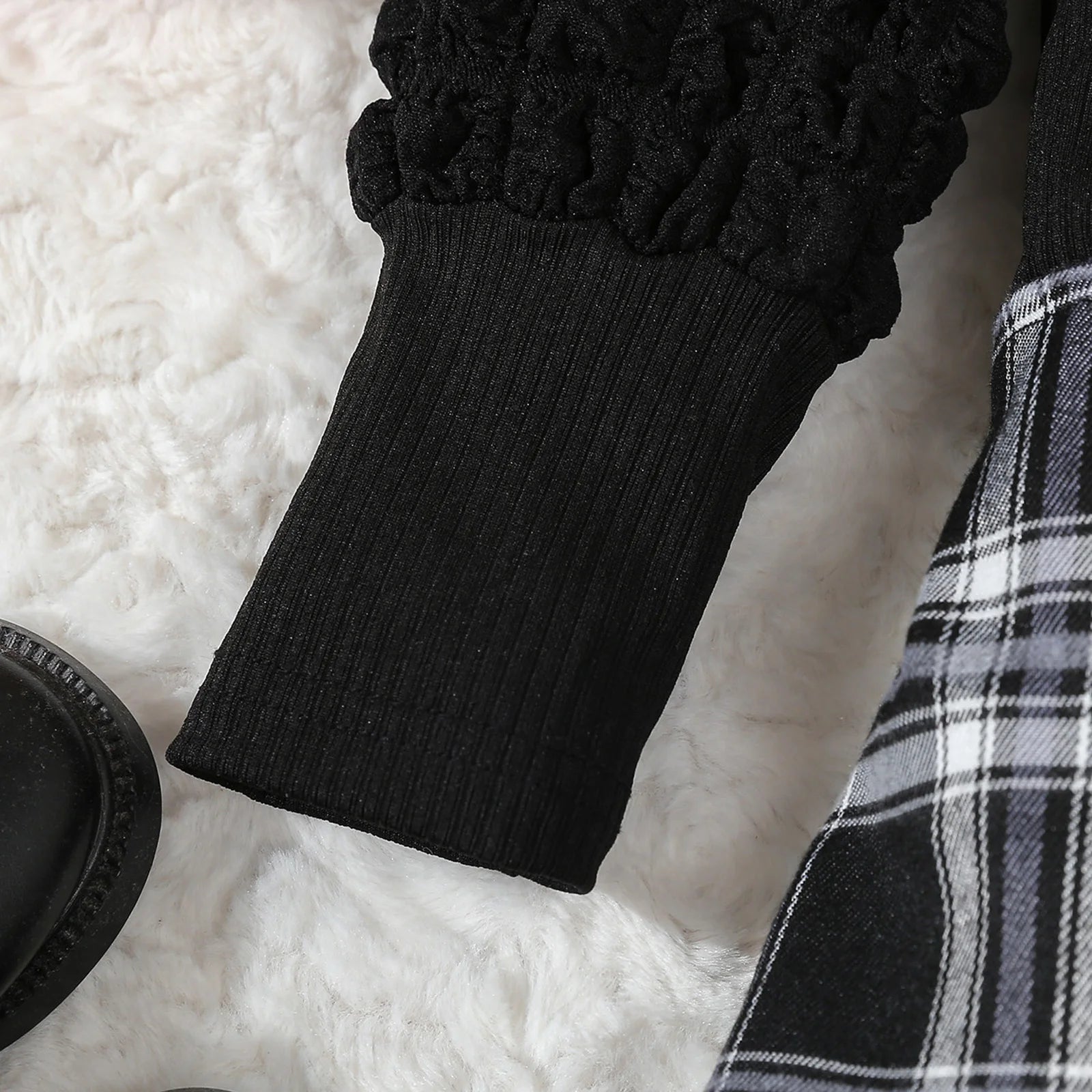 Girls Casual Black Top And Plaid Skirt Two-Piece Set Children's Clothing Outfit for Girls