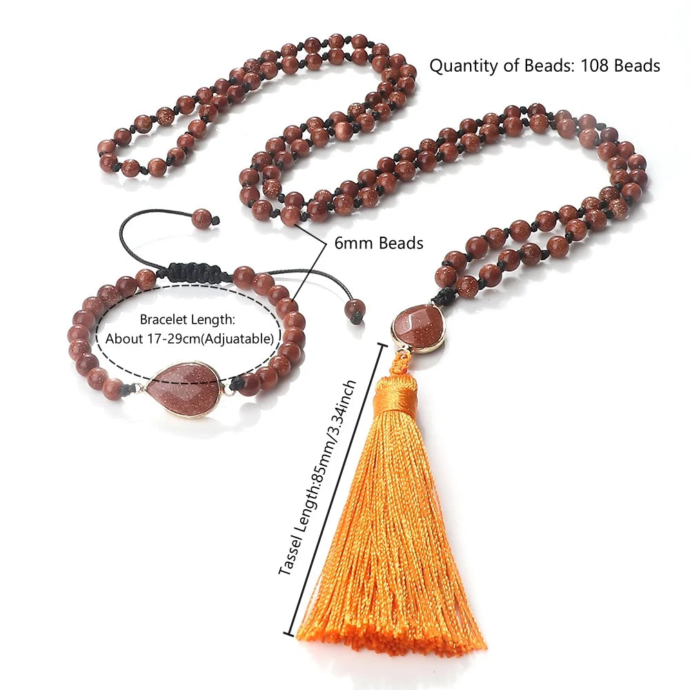 Fashion Natural Stone Beads Necklace & Bracelet Set Women Men Classic Long Tassel Pendant Necklace Yoga Healing Bohemian Jewelry