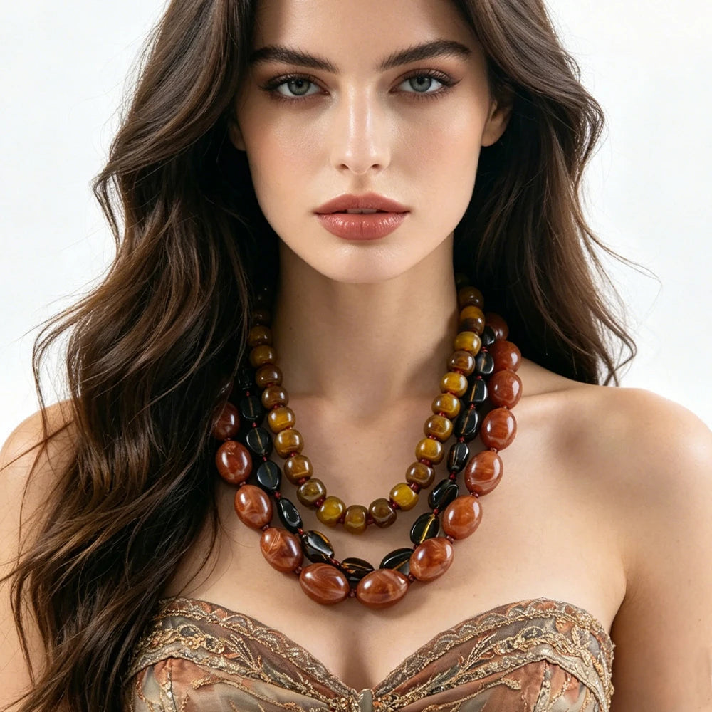 Earthy Gradient Amber Tone Jewelry Combo Triple Strand Necklace And Stackable Bracelet Set Statement Accessory For Women Summer