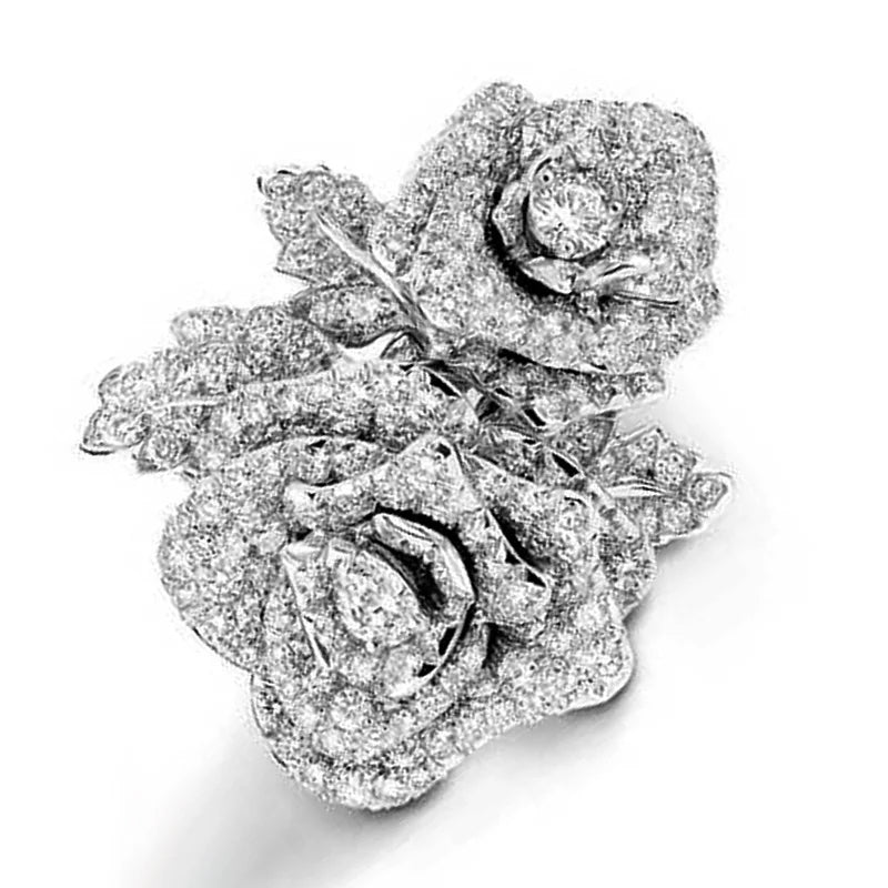 Huitan Noble Lady Party Ring Exquisite Rose Finger Jewelry for Women Exquisite Shiny Zirconia Flower Accessories for Anniversary