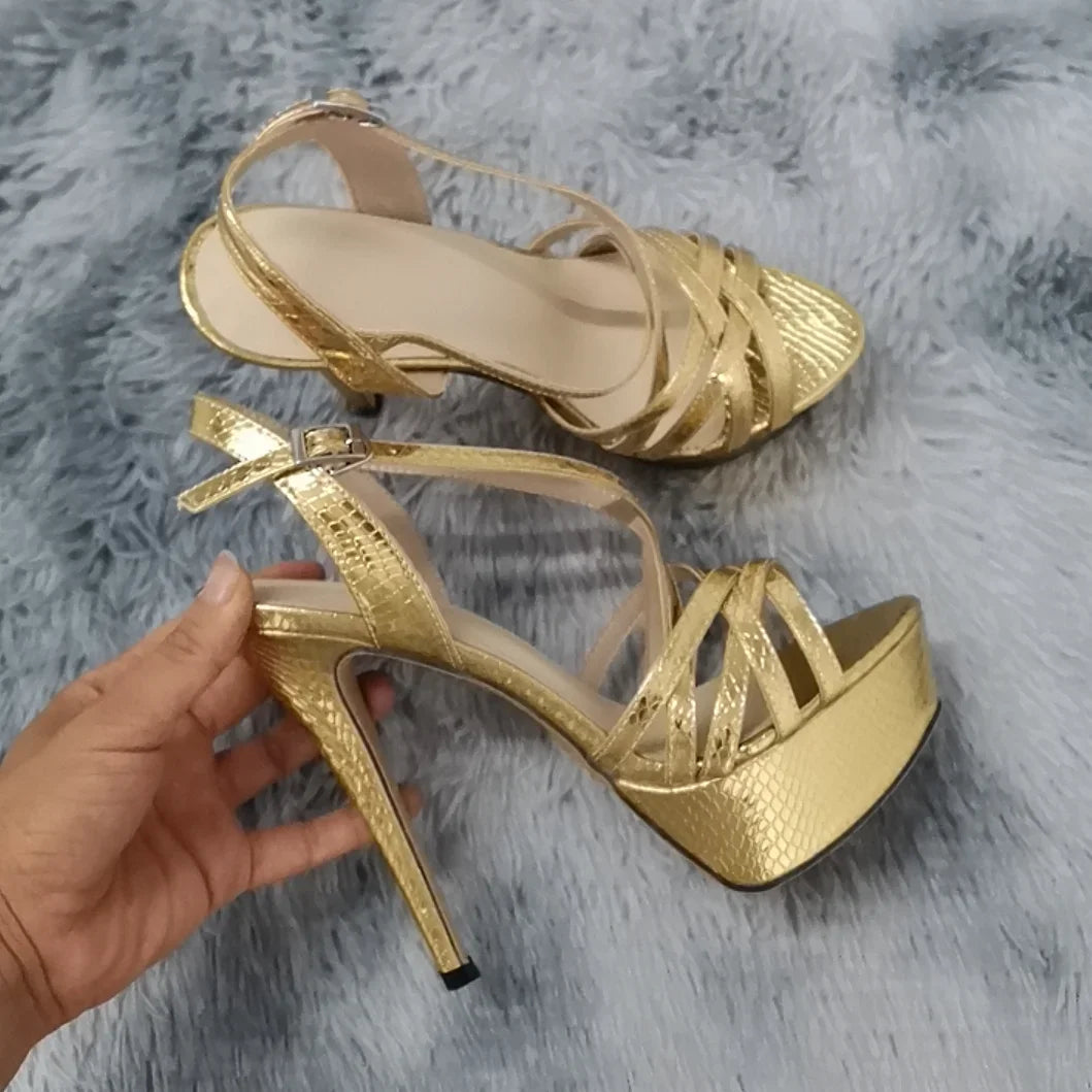 LOSLANDIFEN Women Sandals Sexy 14CM Platform High Heels Ankle Strap Sandal Open Toe Sanke Gladiator Party Dress Woman Shoes