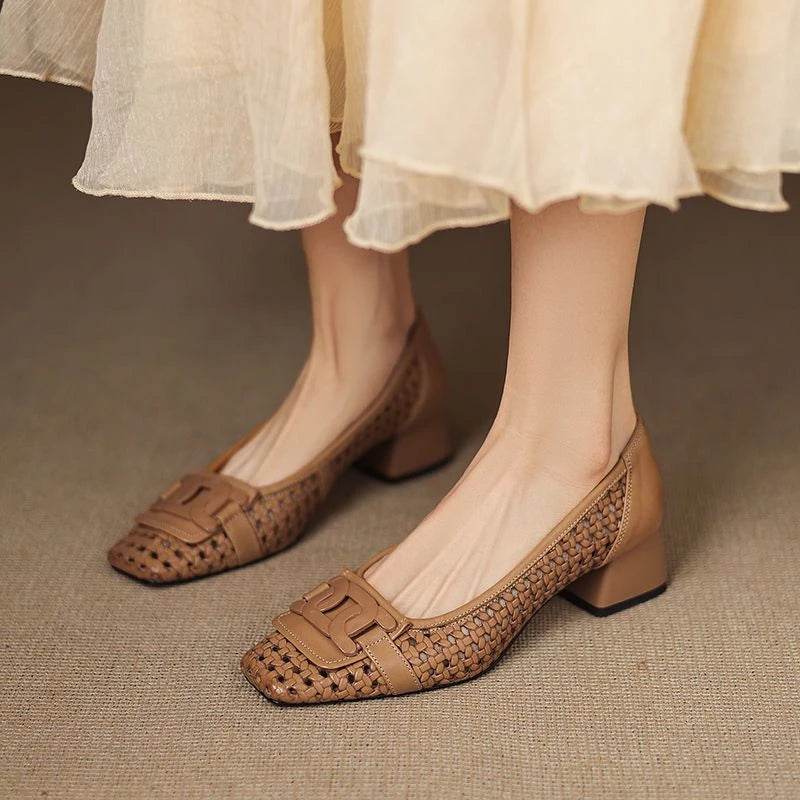 French Retro Woven Women Pumps Breathable Square Toe Block High Heels Elegant Hollow Office Lady Shoes Luxury Designer Sandals