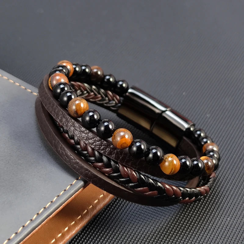 2025 New Beads Tiger's Eye Stone Bracelet for Men Four Layers Leather Bracelet with Stainless Steel Magnet Male Jewelry Gift