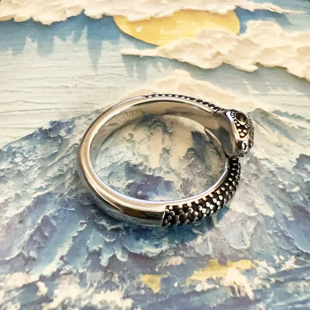 Black Stone Pave Snake Ring Europe Style Jewelry For Girls Women Brand New Vintage Gift In Solid 925 Sterling Silver