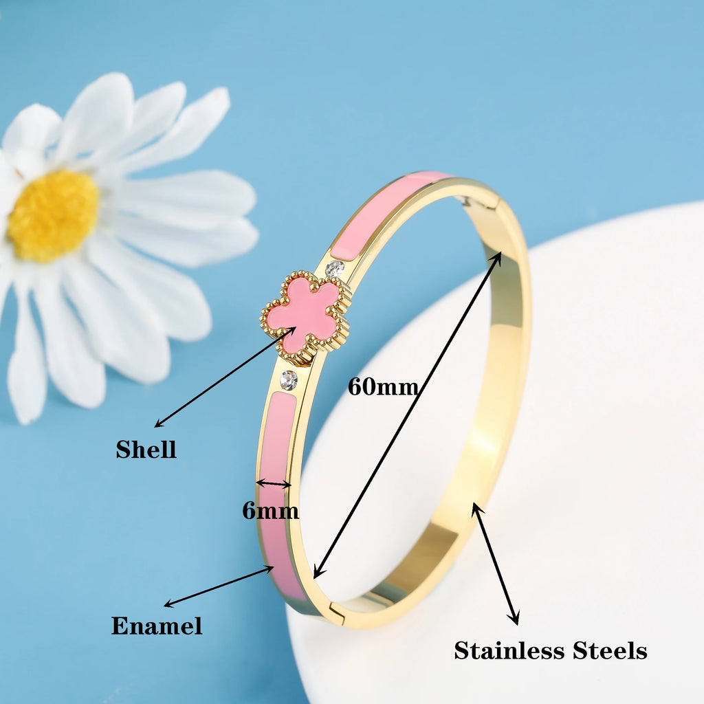 Chunky 18k Plating Stainless Steel Five Leaf Flower Open Bangle For Women Waterproof Party Wrist Jewelry 2025 Bijoux Clover