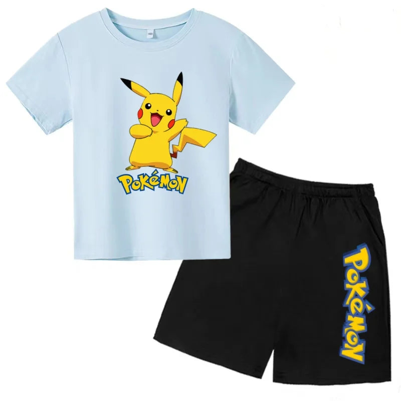 Children's T-shirt Cool Summer Anime Pikachu Print Boys Girls 3-12Years Pokemon Clothing Cartoon Short-sleeved+Shorts Casual Set