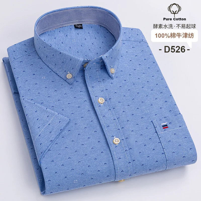 7XL Classic Men's Short Sleeve Shirt 100% Oxford Cotton Casual Plaid Stripe Shirt Business Men's Shirts Short Sleeve Large Size