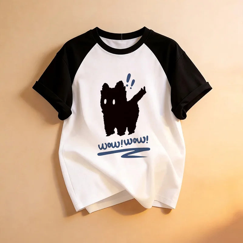 Funny Kawaii T Shirt Retro Black Cat Letter Print Crew Neck T-Shirt Casual Short Sleeve Tops for Spring Summer Women's Clothing