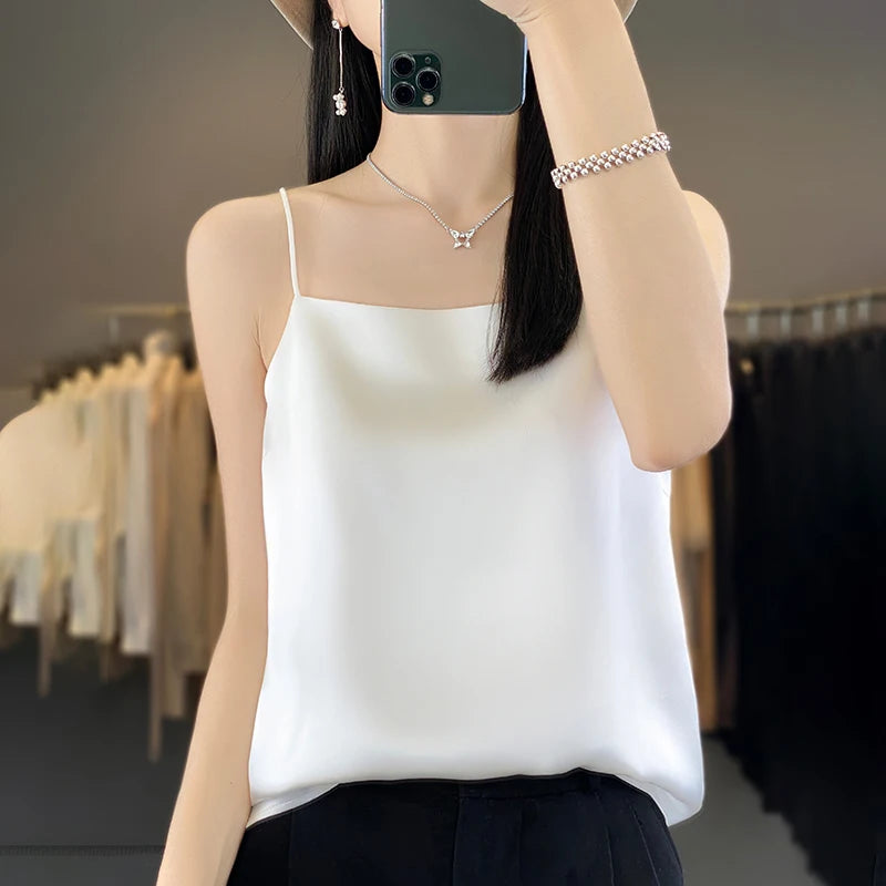 New Ice Silk Sexy Satin Strap Women's Spring/Summer Vest Solid Color Sleeveless Sexy Comfortable Silk Underwear Vest RW-D19