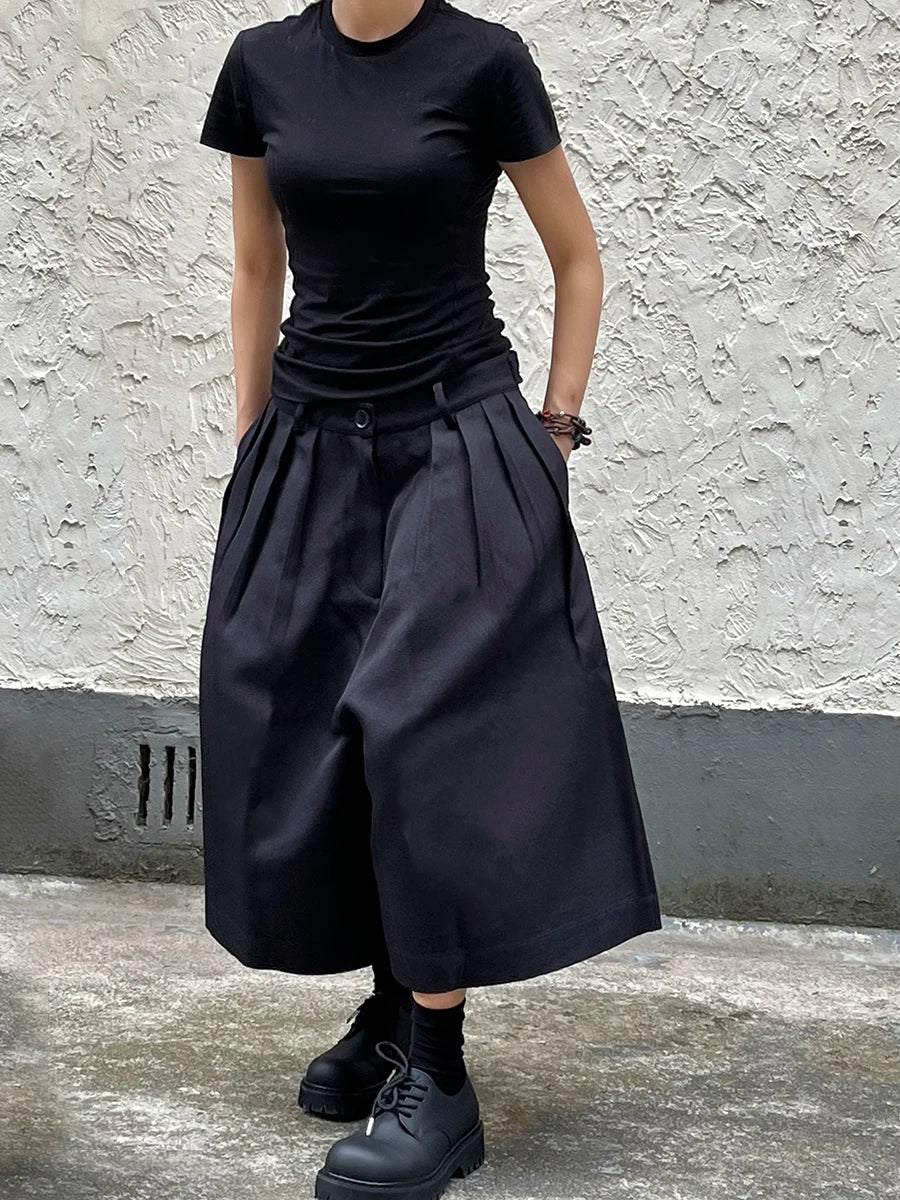 REDDACHiC Unisex Black Baggy Jorts Women Bloomers High Waist Pleated Front Plain Casual Extra-Wide Leg Short Pants Acubi Fashion