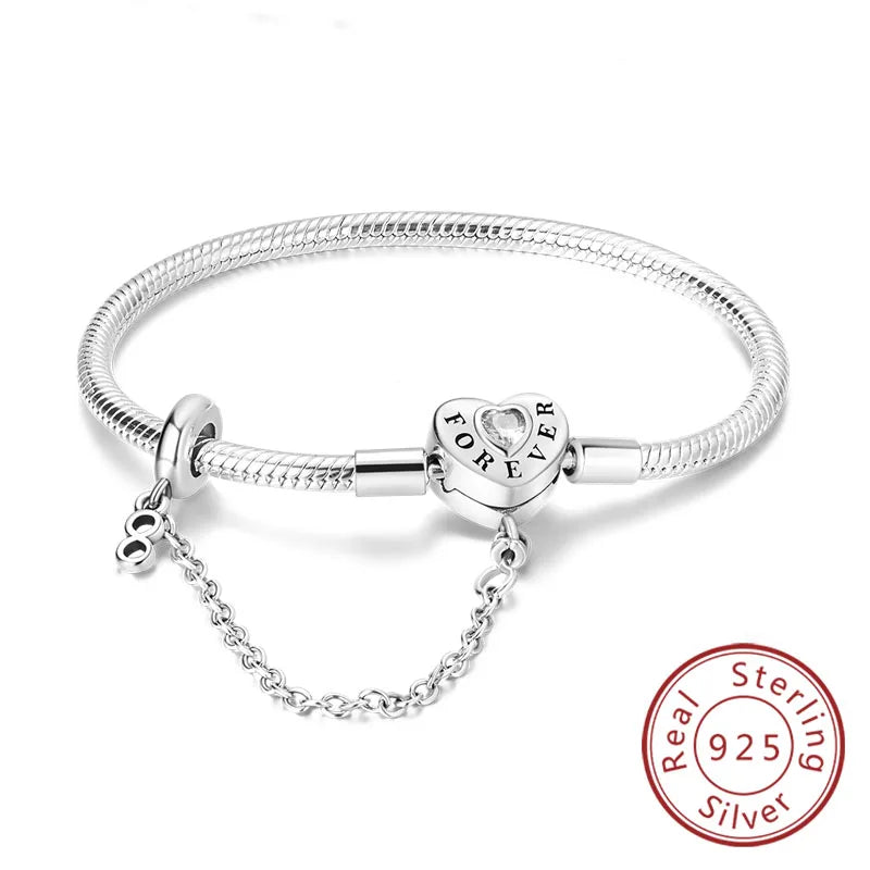 Bracelet 17-20CM Love Heart Original 925 Sterling Silver Charm Bracelet Pave Zirconia Bracelet for Women DIY Charm Jewelry Gifts