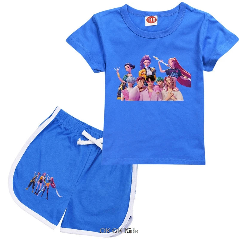 2 Pcs Suit KPop Demon Hunters Rumi Kids Teens Girls T Shirt Shorts 2pcs Sets Toddler Boys Summer Sportsuits Girl's Nightwear Set
